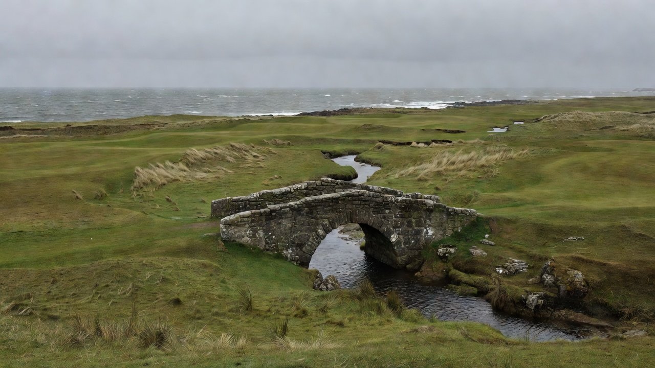 Coastal Scottish links fairway with a stone bridge and grey autumn sky over the North Sea