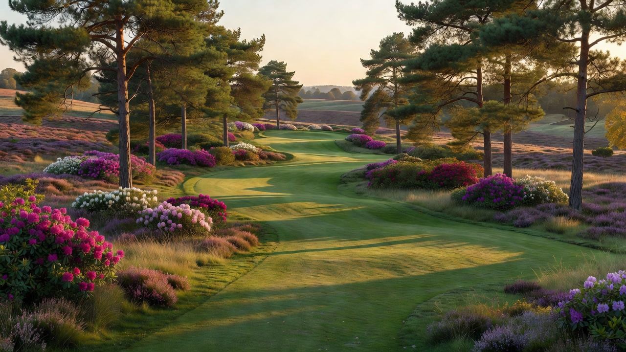 Heathland golf course fairway lined with mature pines and rhododendrons in soft September light