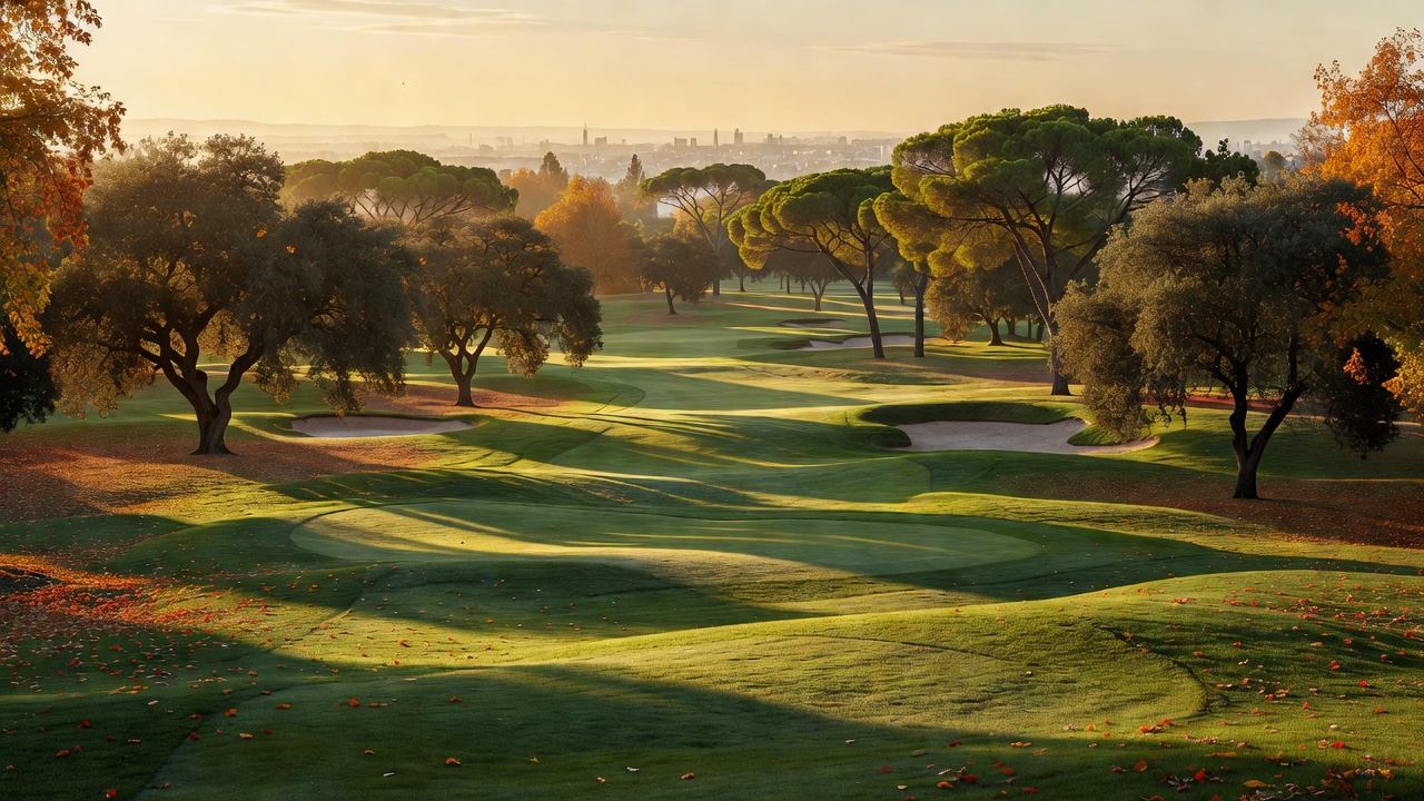 Rolling parkland golf course with holm oaks and pines under warm autumn light near a European city