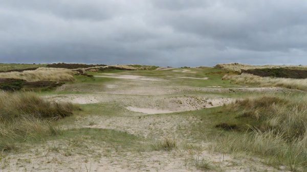 Championship golf course fairway in the Netherlands with open sandy heathland